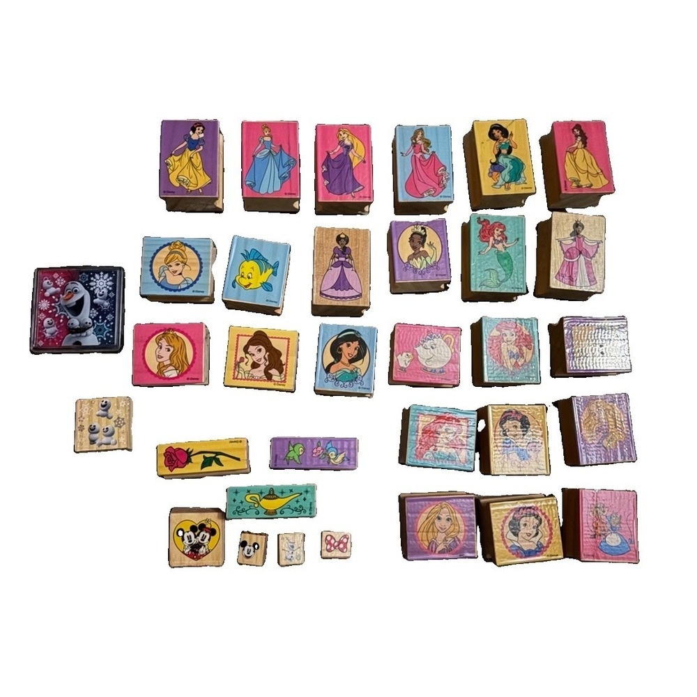 Lot Of (33) Wood Mounted Rubber Stamps Disney Princesses & Princess Accessories